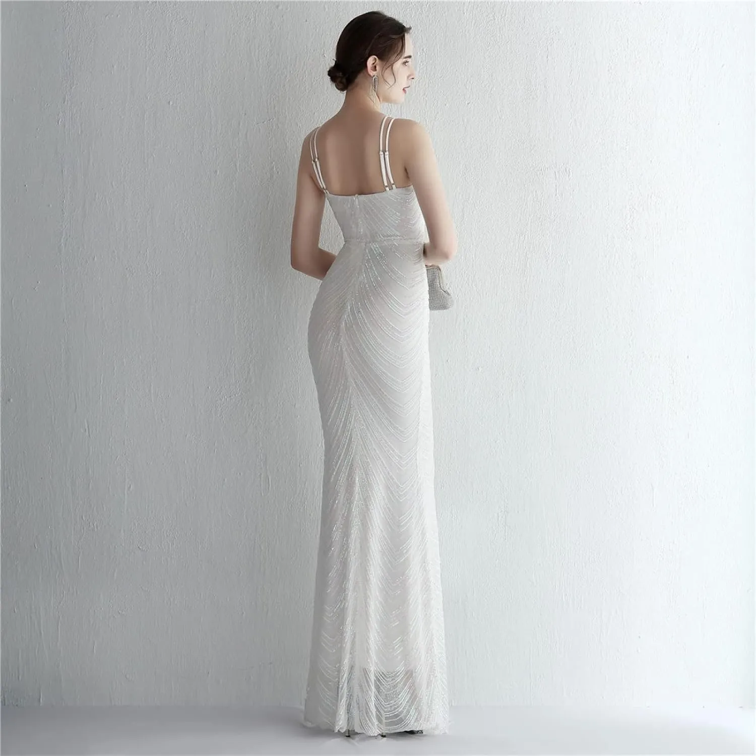 Women's Sexy Halter Bodycon Chiffon Gown Maxi Sequin Embroidered Fishtail Evening Dress with Gauze