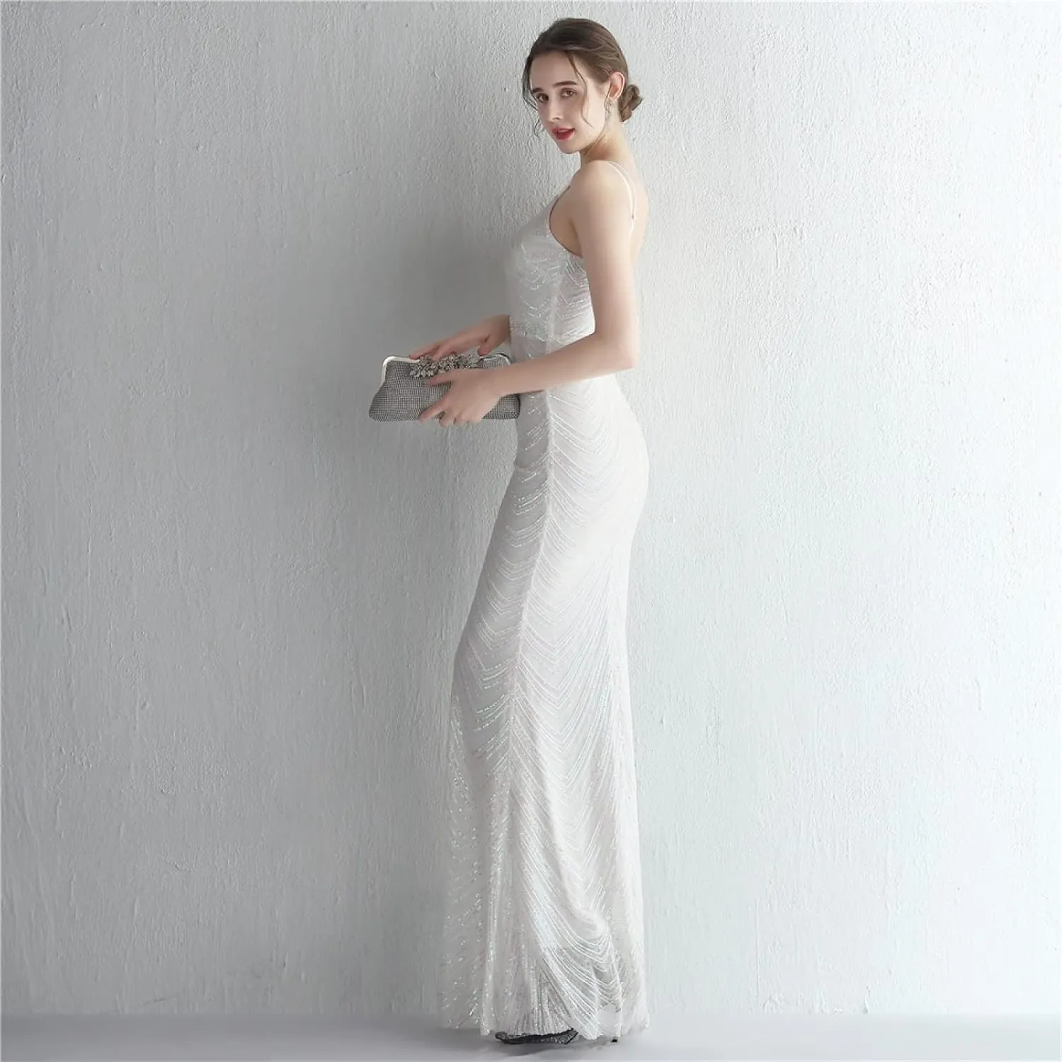 Women's Sexy Halter Bodycon Chiffon Gown Maxi Sequin Embroidered Fishtail Evening Dress with Gauze
