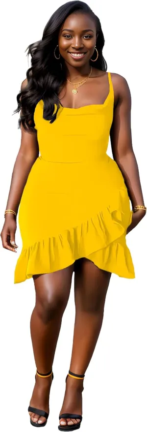 Womens Sexy Sleeveless Bodycon Mini Dress 2024 Summer Casual Straps Short Ruffle Dresses Beach Party Club Homecoming