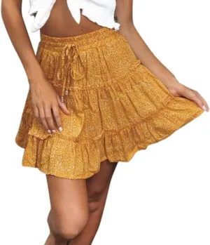 Women's Short Skirt Summer Drawstring Waist Ruffle Skirt Floral Print Swing Beach Mini Dress (XXL, Yellow)