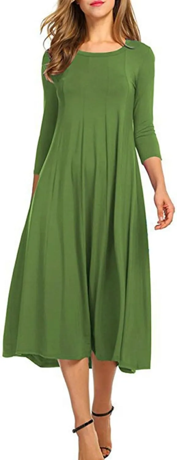 Women's Spring Crewneck Dresses Oversized Baggy Solid 3/4 Sleeve Pleated Dress Flowy A-Line Midi Dress 2025