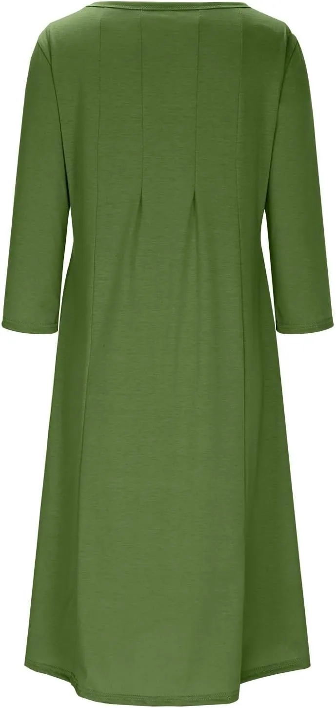 Women's Spring Crewneck Dresses Oversized Baggy Solid 3/4 Sleeve Pleated Dress Flowy A-Line Midi Dress 2025