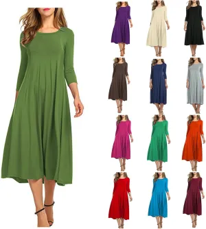 Women's Spring Crewneck Dresses Oversized Baggy Solid 3/4 Sleeve Pleated Dress Flowy A-Line Midi Dress 2025