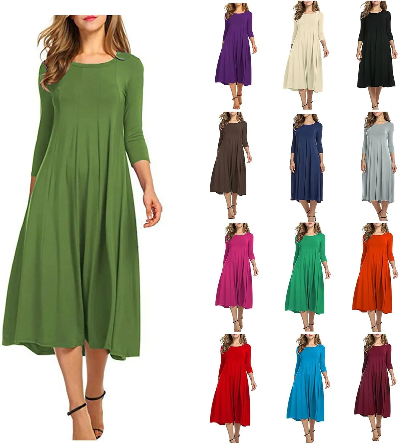 Women's Spring Crewneck Dresses Oversized Baggy Solid 3/4 Sleeve Pleated Dress Flowy A-Line Midi Dress 2025