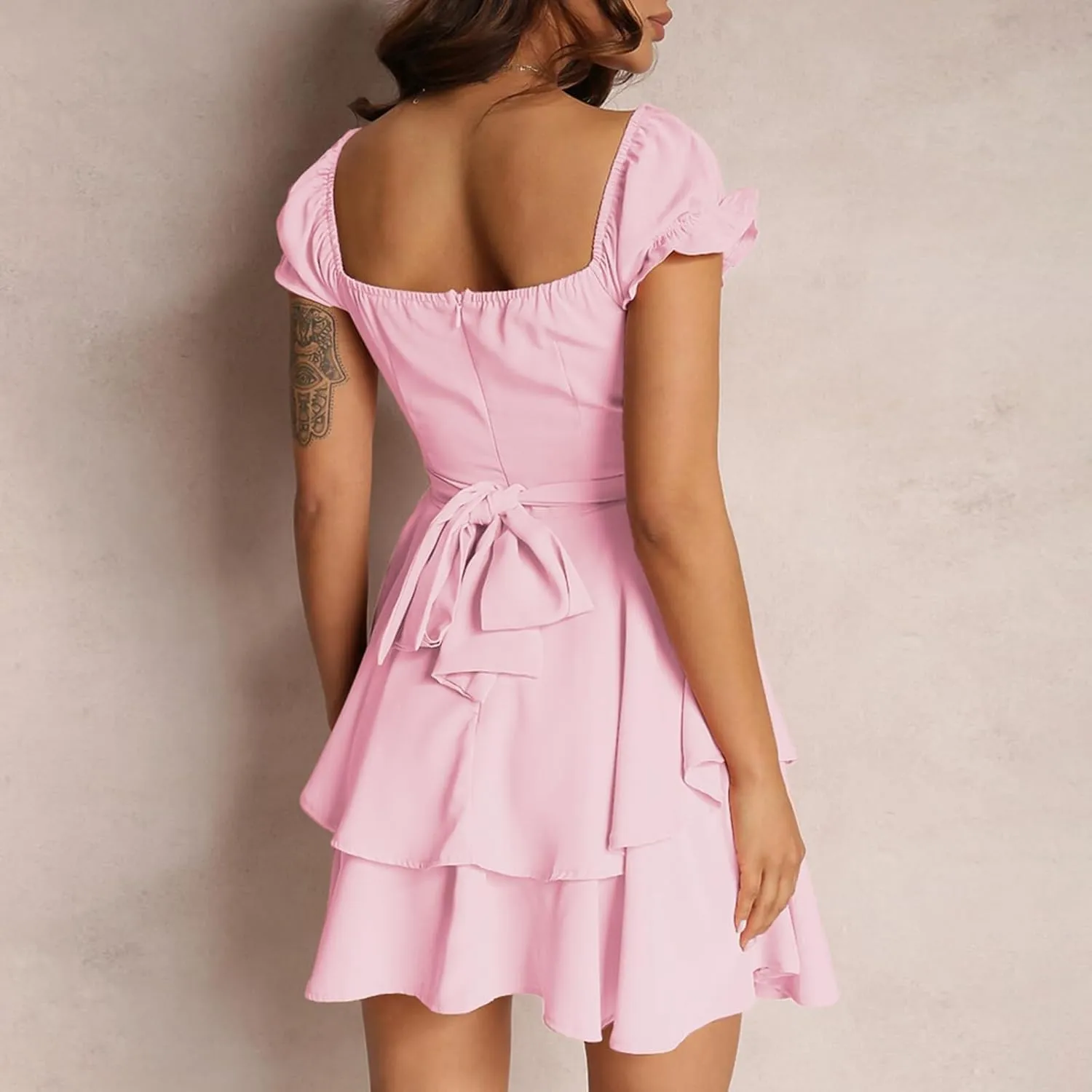 Women's Square Neck Ruffle Wrap Mini Dress Off Shoulder Flounce Short Sleeve Layered Hem A Line Flowy Dress