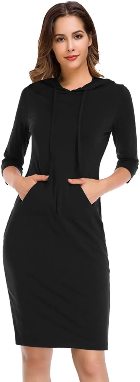 Women's Stripe Pocket Knee Length Slim Pullover Hoodie Dress