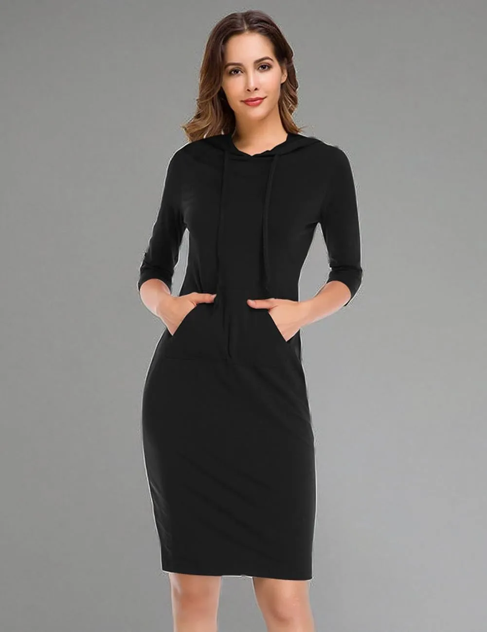 Women's Stripe Pocket Knee Length Slim Pullover Hoodie Dress