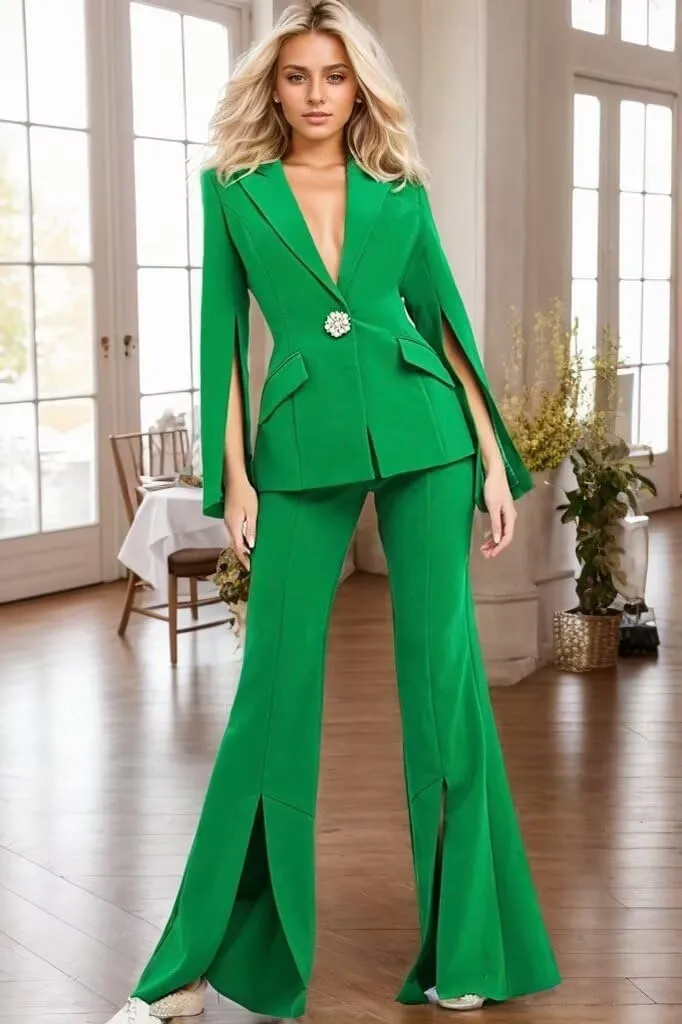 Womens Suit 2 Piece Set Business Blazer Bell Bottoms Casual Sleeve Placket Suit Peak Lapel Prom Tuxedo for Evening Party