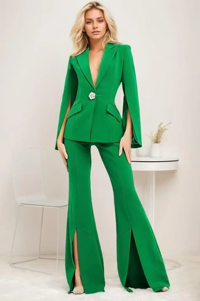 Womens Suit 2 Piece Set Business Blazer Bell Bottoms Casual Sleeve Placket Suit Peak Lapel Prom Tuxedo for Evening Party
