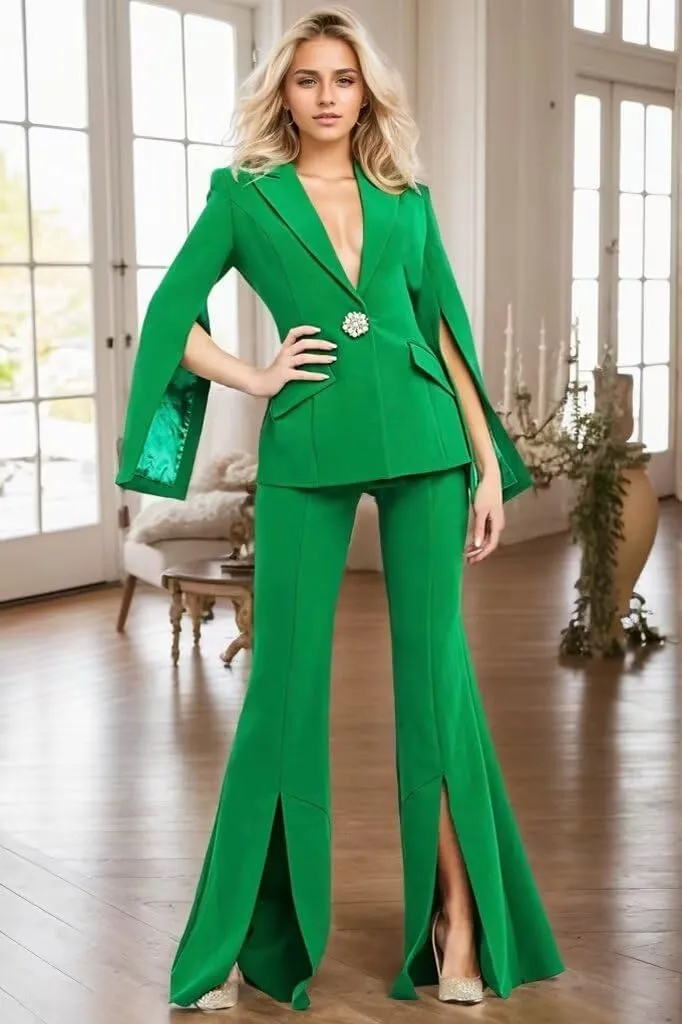 Womens Suit 2 Piece Set Business Blazer Bell Bottoms Casual Sleeve Placket Suit Peak Lapel Prom Tuxedo for Evening Party