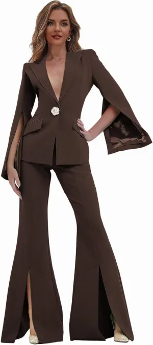 Womens Suit 2 Piece Set Business Blazer Bell Bottoms Casual Sleeve Placket Suit Peak Lapel Prom Tuxedo for Evening Party