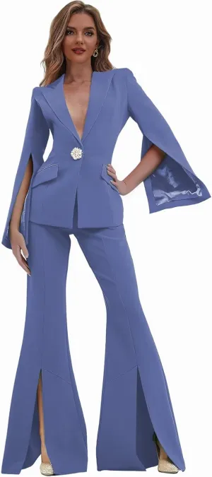 Womens Suit 2 Piece Set Business Blazer Bell Bottoms Casual Sleeve Placket Suit Peak Lapel Prom Tuxedo for Evening Party
