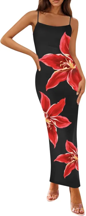 Womens Summer Bodycon Maxi Dresses 2025 Floral Spaghetti Strap Square Neck Sleeveless Boho Beach Long Sun Dress