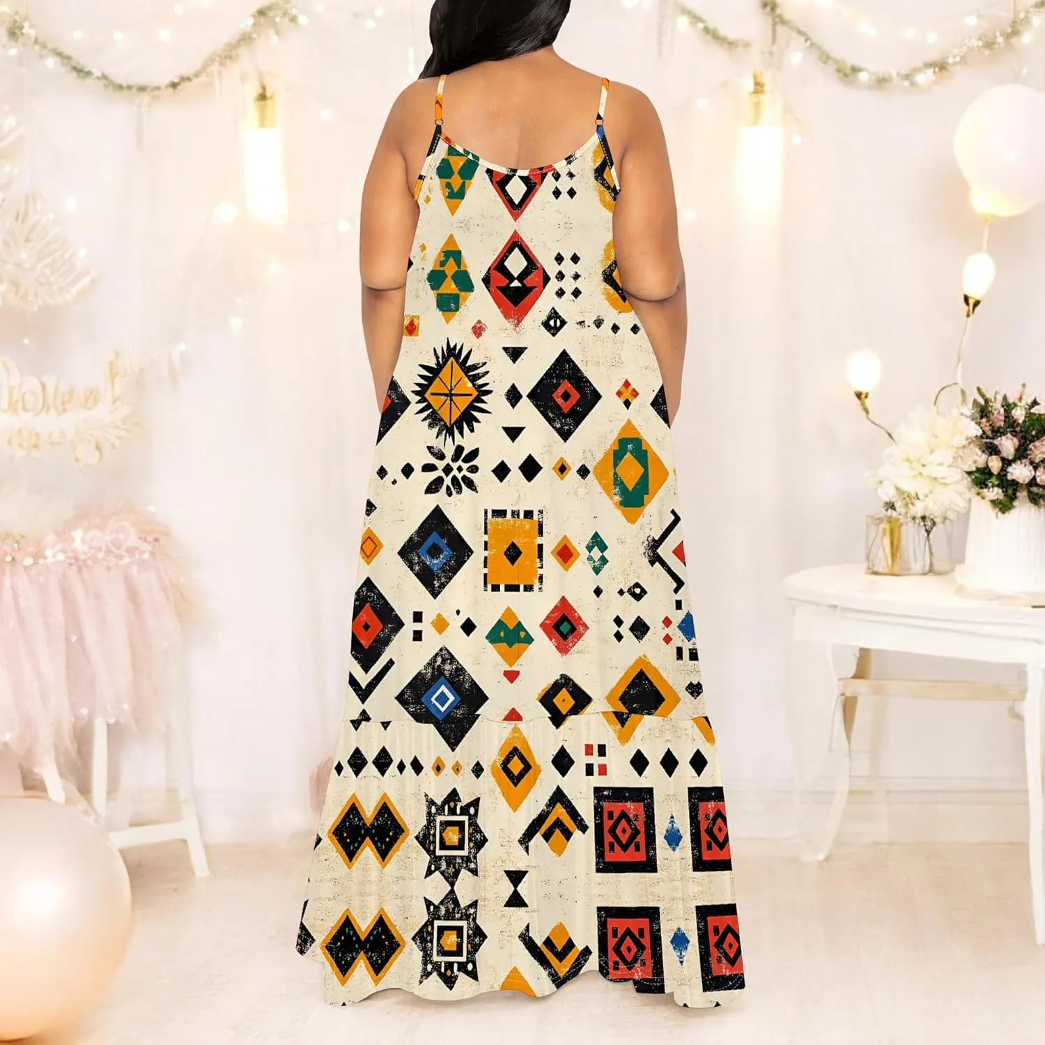 Women's Summer Casual Fashion Sleeveless Loose Sexy Maxi Dress African Style Pattern Printed Round Neck Spaghetti Strap Dress