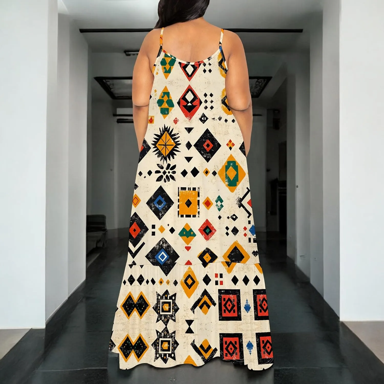 Women's Summer Casual Fashion Sleeveless Loose Sexy Maxi Dress African Style Pattern Printed Round Neck Spaghetti Strap Dress