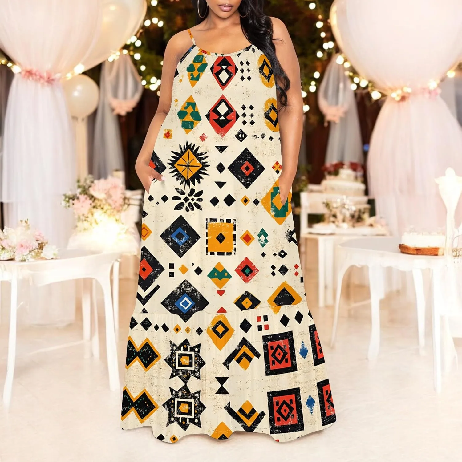Women's Summer Casual Fashion Sleeveless Loose Sexy Maxi Dress African Style Pattern Printed Round Neck Spaghetti Strap Dress