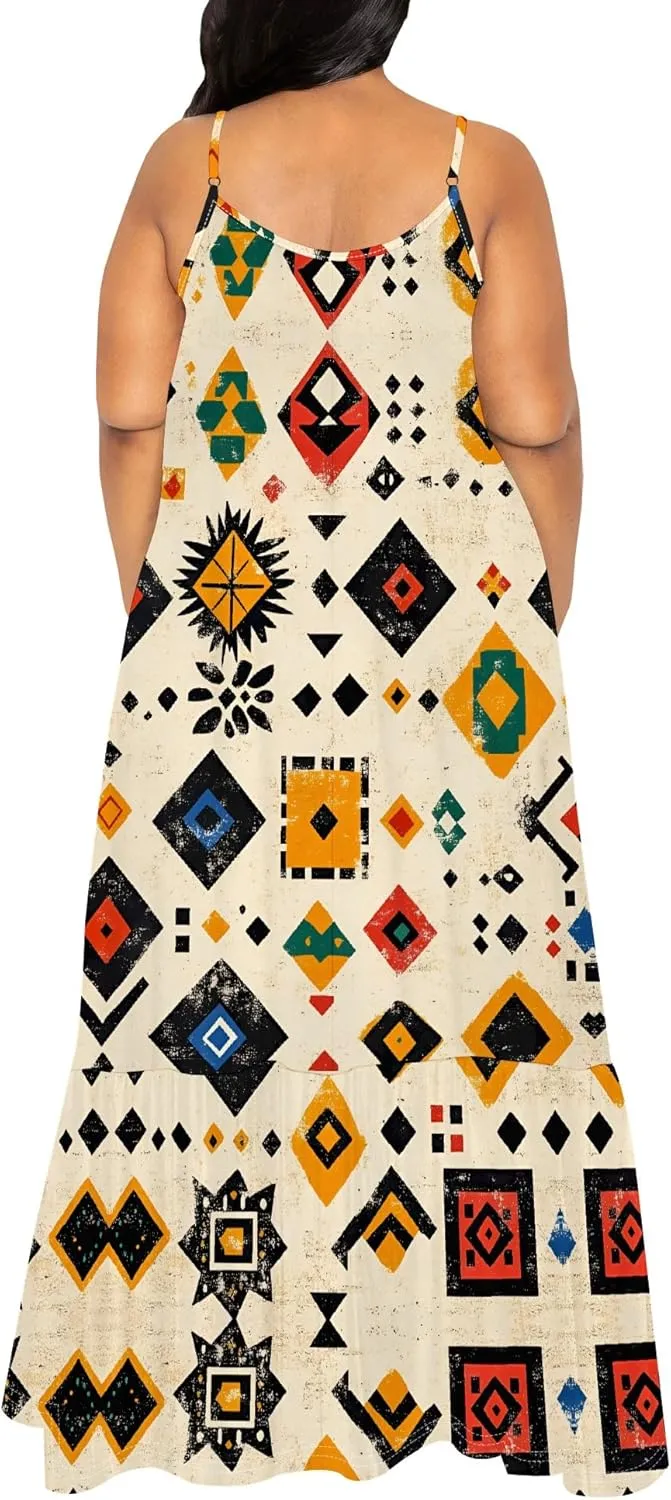 Women's Summer Casual Fashion Sleeveless Loose Sexy Maxi Dress African Style Pattern Printed Round Neck Spaghetti Strap Dress