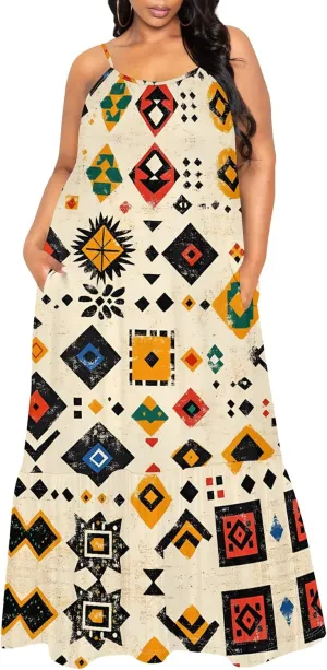 Women's Summer Casual Fashion Sleeveless Loose Sexy Maxi Dress African Style Pattern Printed Round Neck Spaghetti Strap Dress