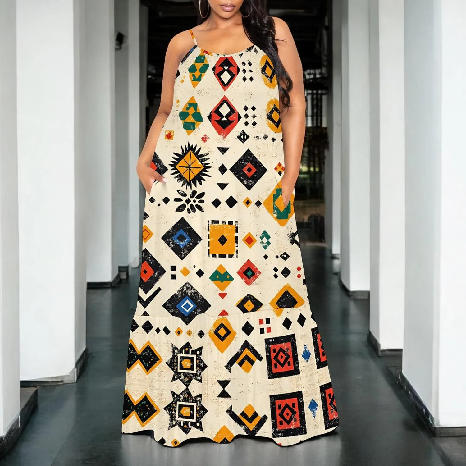 Women's Summer Casual Fashion Sleeveless Loose Sexy Maxi Dress African Style Pattern Printed Round Neck Spaghetti Strap Dress