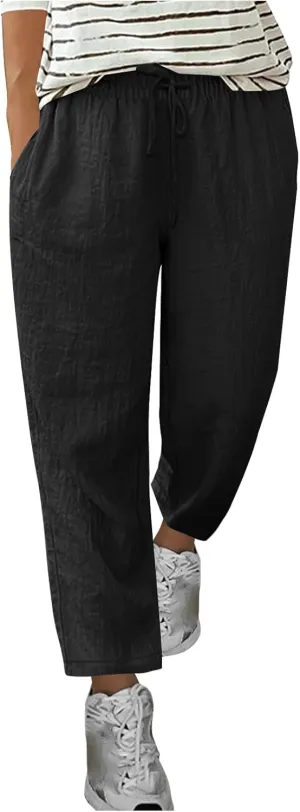 Women's Summer Casual Pants Straight Leg Linen Pants Plus Size Cropped Trousers Drawstring Trouser Travel Outfits