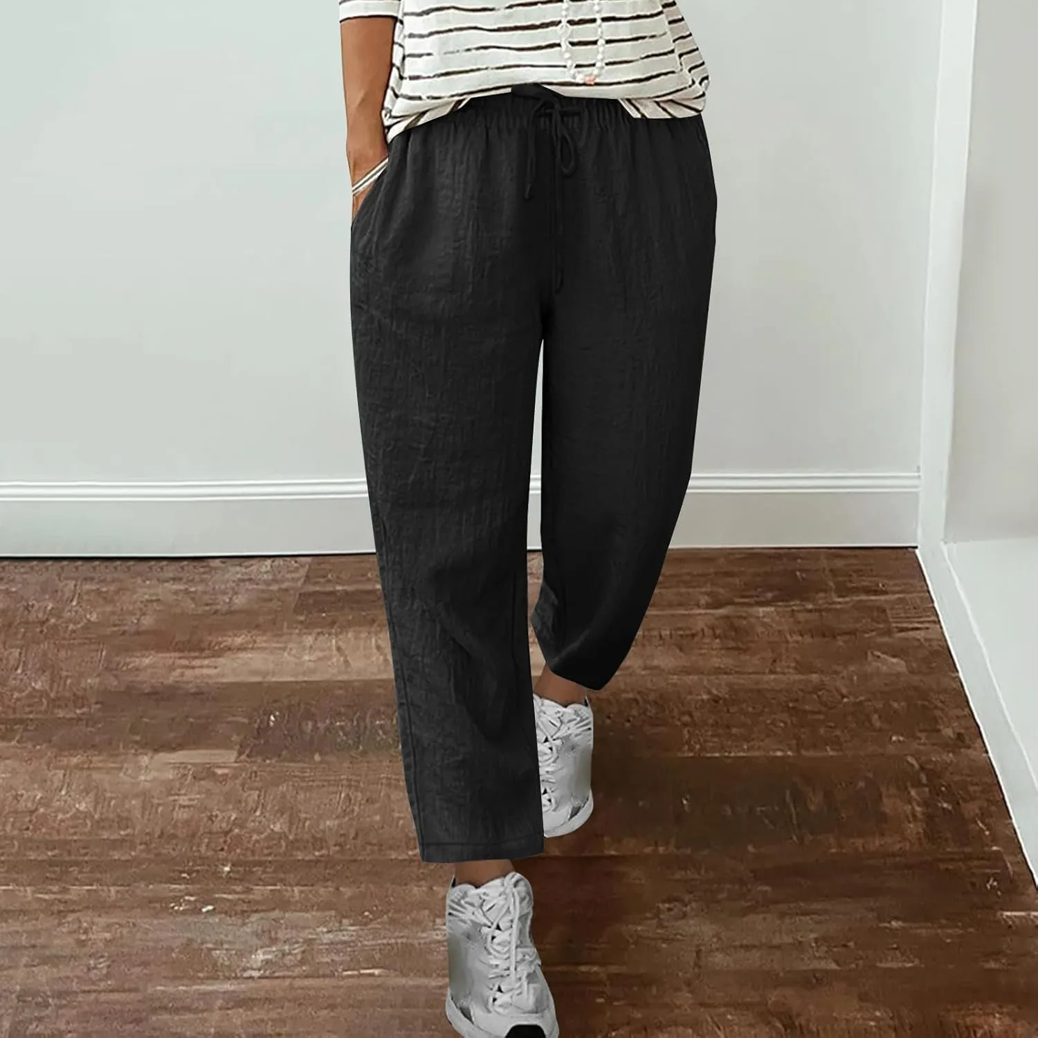 Women's Summer Casual Pants Straight Leg Linen Pants Plus Size Cropped Trousers Drawstring Trouser Travel Outfits