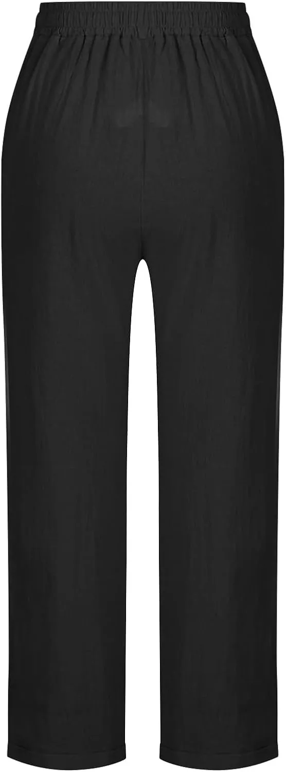 Women's Summer Casual Pants Straight Leg Linen Pants Plus Size Cropped Trousers Drawstring Trouser Travel Outfits