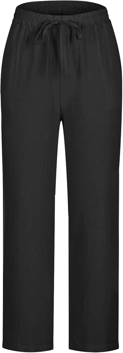 Women's Summer Casual Pants Straight Leg Linen Pants Plus Size Cropped Trousers Drawstring Trouser Travel Outfits