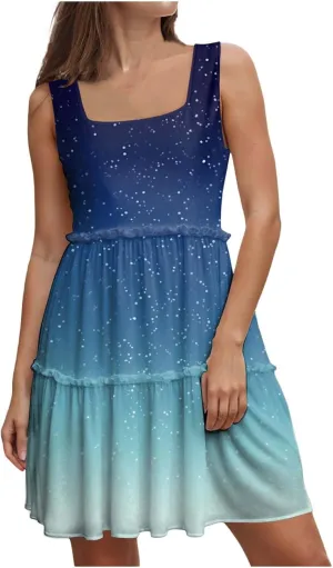Womens Summer Casual U Neck Sleeveless Mini Dress Boho Floral Ruffle Swing A Line Short Sundresses