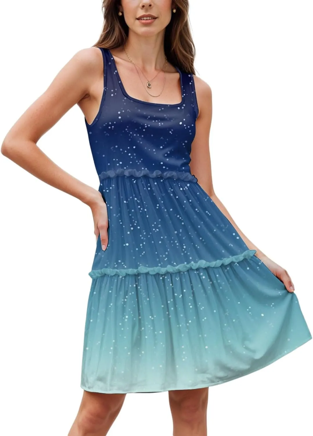 Womens Summer Casual U Neck Sleeveless Mini Dress Boho Floral Ruffle Swing A Line Short Sundresses
