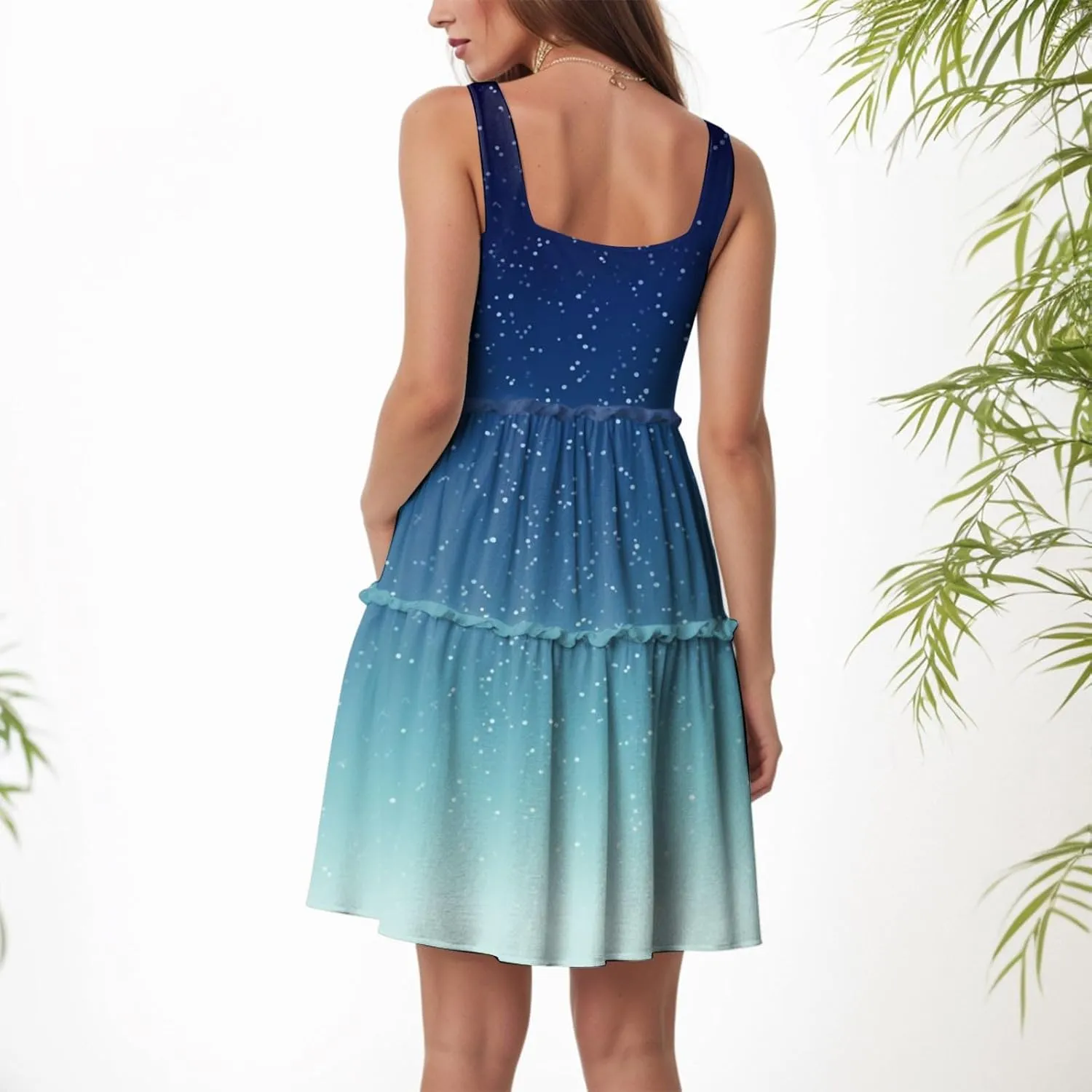 Womens Summer Casual U Neck Sleeveless Mini Dress Boho Floral Ruffle Swing A Line Short Sundresses