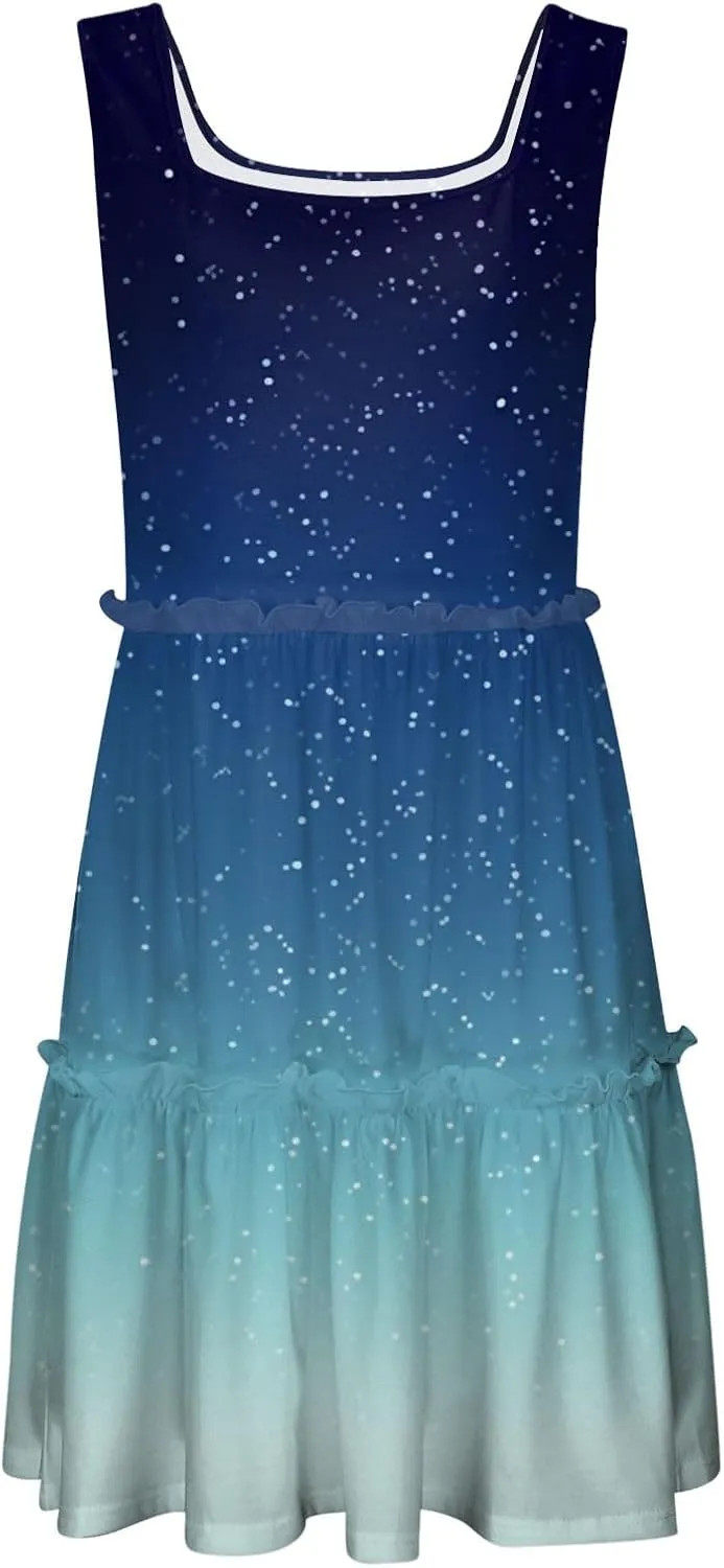 Womens Summer Casual U Neck Sleeveless Mini Dress Boho Floral Ruffle Swing A Line Short Sundresses
