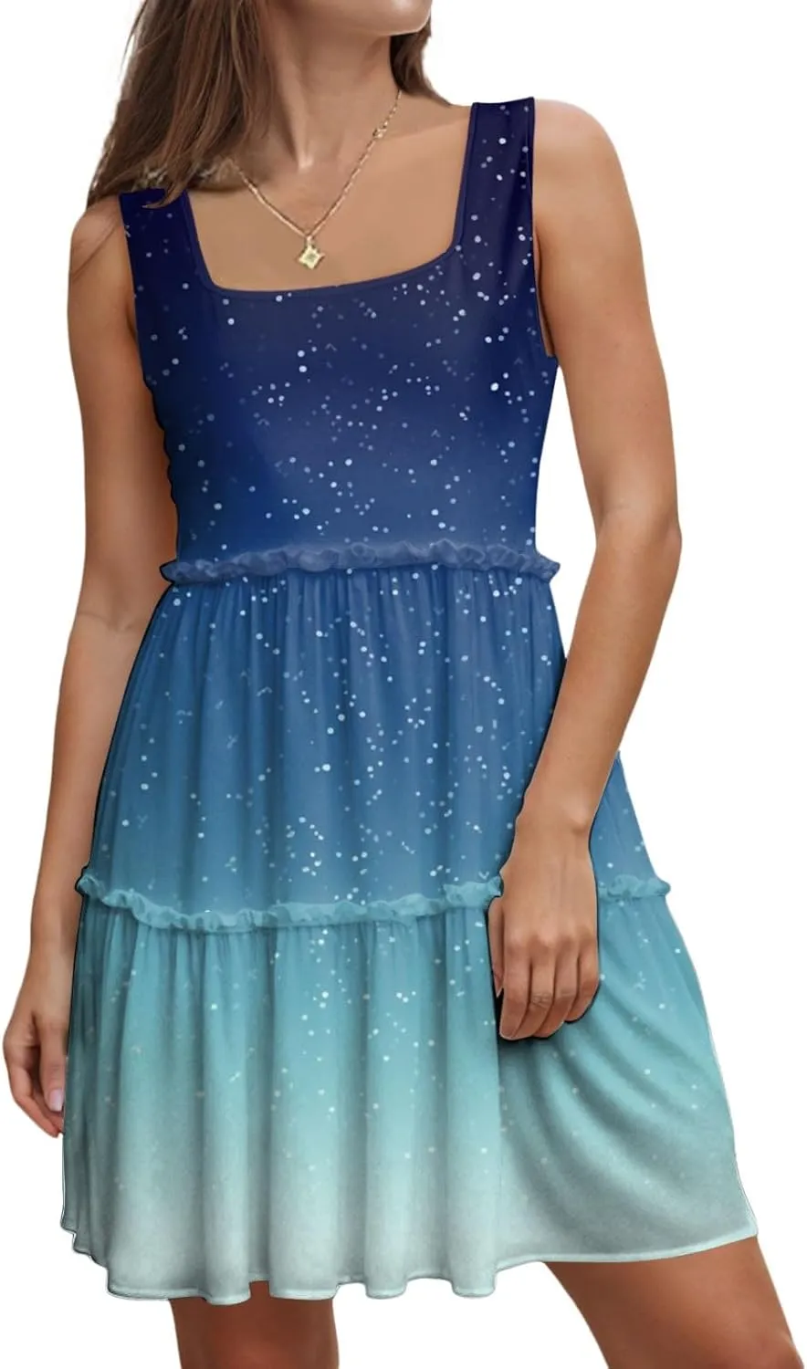 Womens Summer Casual U Neck Sleeveless Mini Dress Boho Floral Ruffle Swing A Line Short Sundresses
