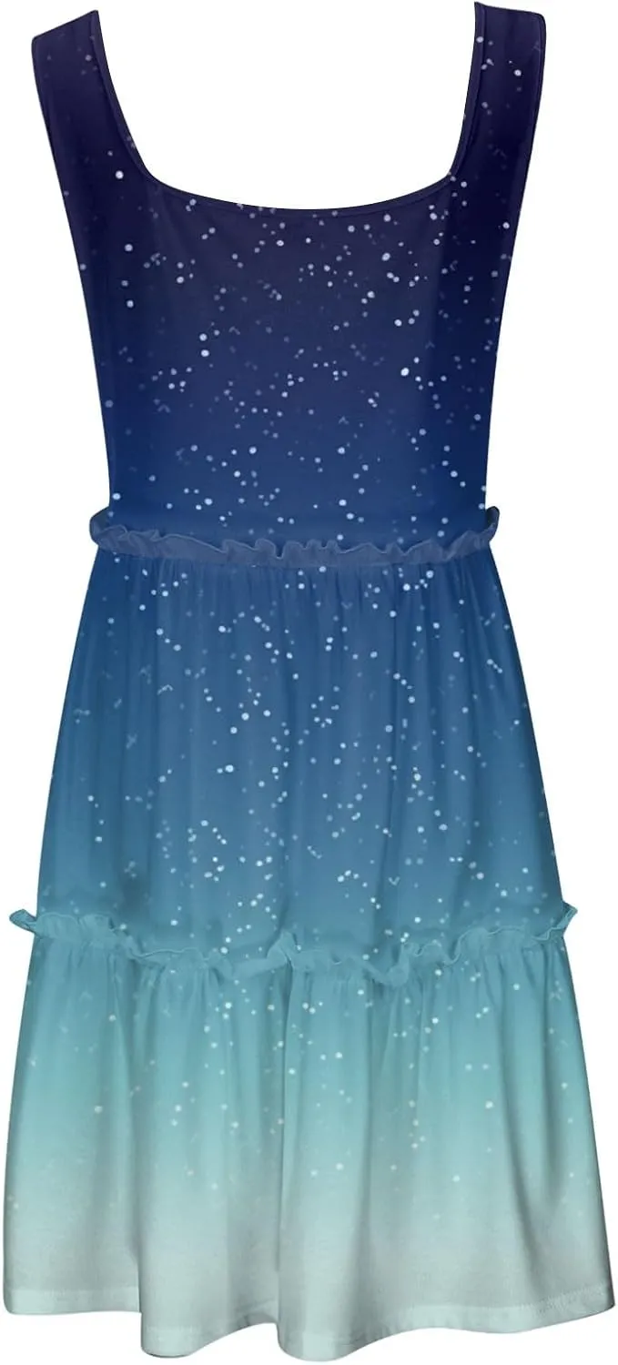 Womens Summer Casual U Neck Sleeveless Mini Dress Boho Floral Ruffle Swing A Line Short Sundresses