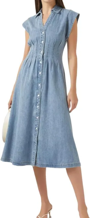 Women's Summer Denim Shirt Dress Lapel V Neck Cap Sleeve Jean Dress Button Down A-Line Long Dresses