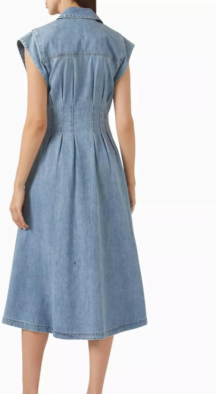 Women's Summer Denim Shirt Dress Lapel V Neck Cap Sleeve Jean Dress Button Down A-Line Long Dresses