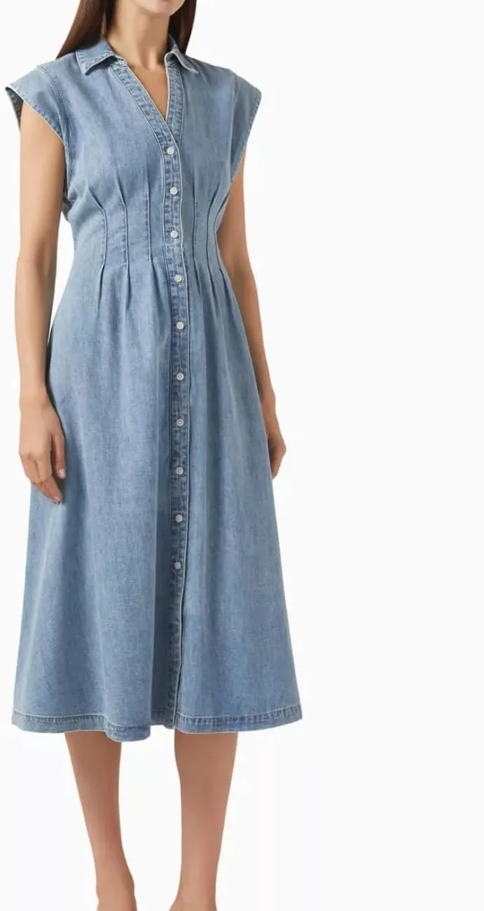 Women's Summer Denim Shirt Dress Lapel V Neck Cap Sleeve Jean Dress Button Down A-Line Long Dresses