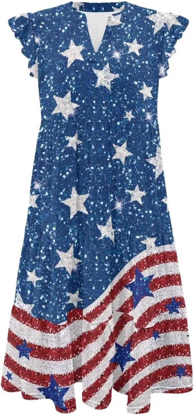 Womens Summer Dress Ruffle Sleeve V Neck Dress Casual Fit Flowy Beach Vacation Sundress with Pocket S-2XL