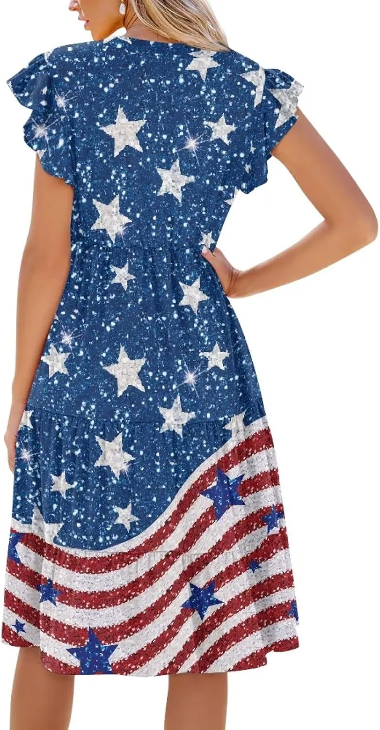 Womens Summer Dress Ruffle Sleeve V Neck Dress Casual Fit Flowy Beach Vacation Sundress with Pocket S-2XL