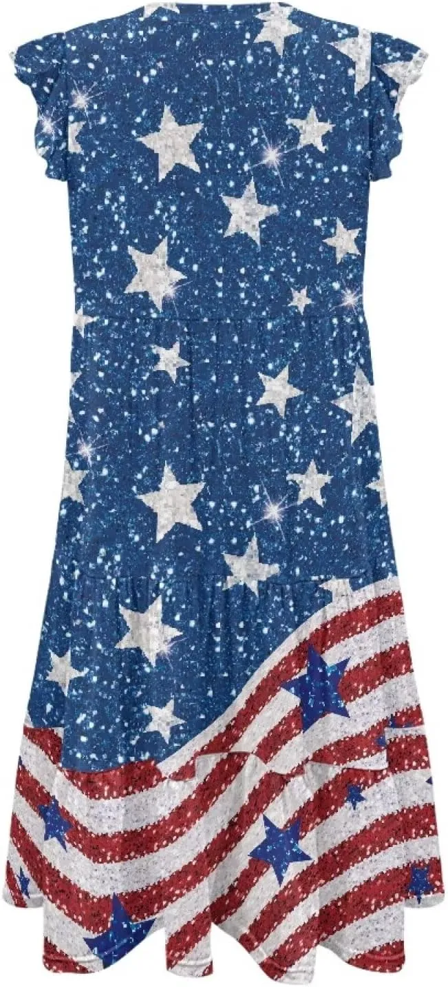 Womens Summer Dress Ruffle Sleeve V Neck Dress Casual Fit Flowy Beach Vacation Sundress with Pocket S-2XL