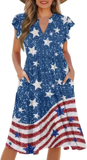 Womens Summer Dress Ruffle Sleeve V Neck Dress Casual Fit Flowy Beach Vacation Sundress with Pocket S-2XL