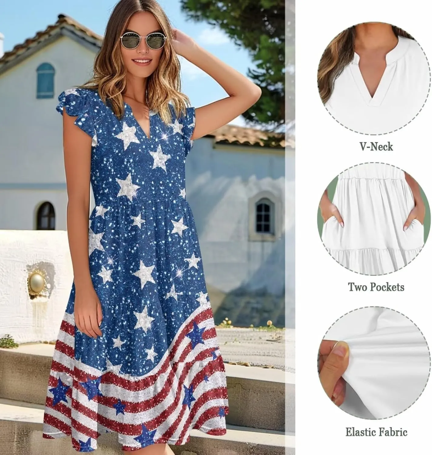 Womens Summer Dress Ruffle Sleeve V Neck Dress Casual Fit Flowy Beach Vacation Sundress with Pocket S-2XL