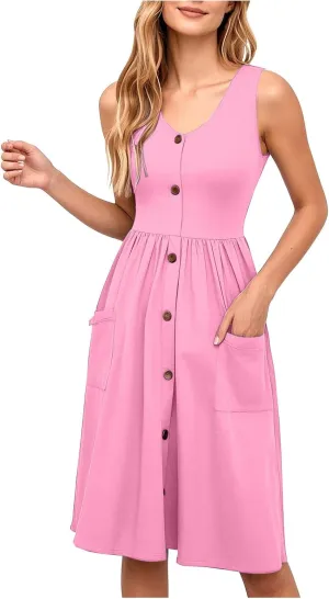 Womens Summer Dresses 2025 V Neck Button Down Sleeveless Tank Dress Casual Swing Vacation Midi Sundress with Pockets