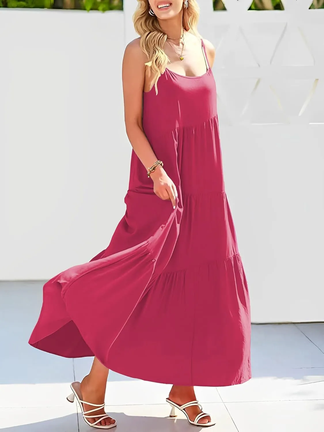 Womens Summer Dresses Loose Sleeveless Spaghetti Strap Asymmetric Tiered Maxi Dress
