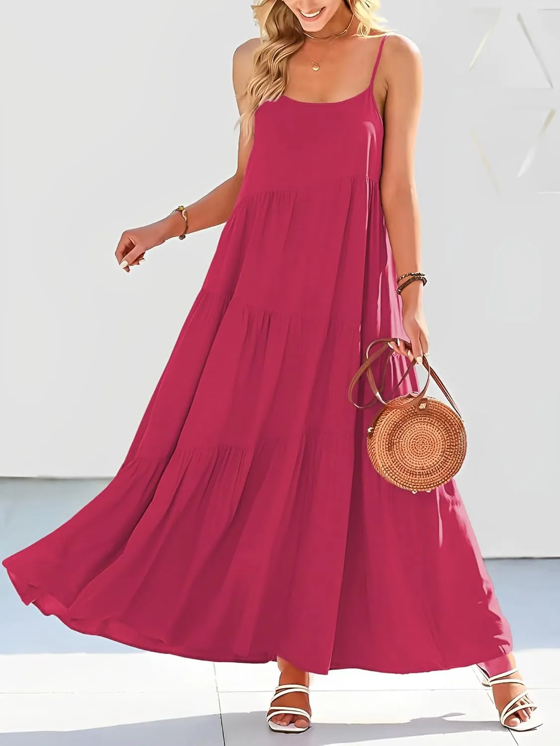 Womens Summer Dresses Loose Sleeveless Spaghetti Strap Asymmetric Tiered Maxi Dress