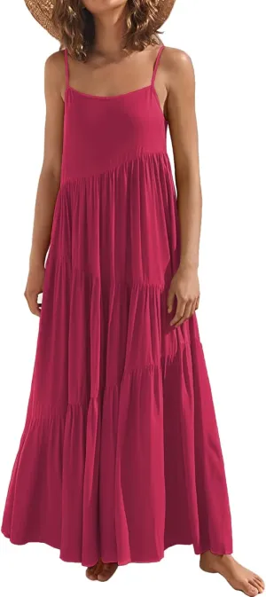 Womens Summer Dresses Loose Sleeveless Spaghetti Strap Asymmetric Tiered Maxi Dress