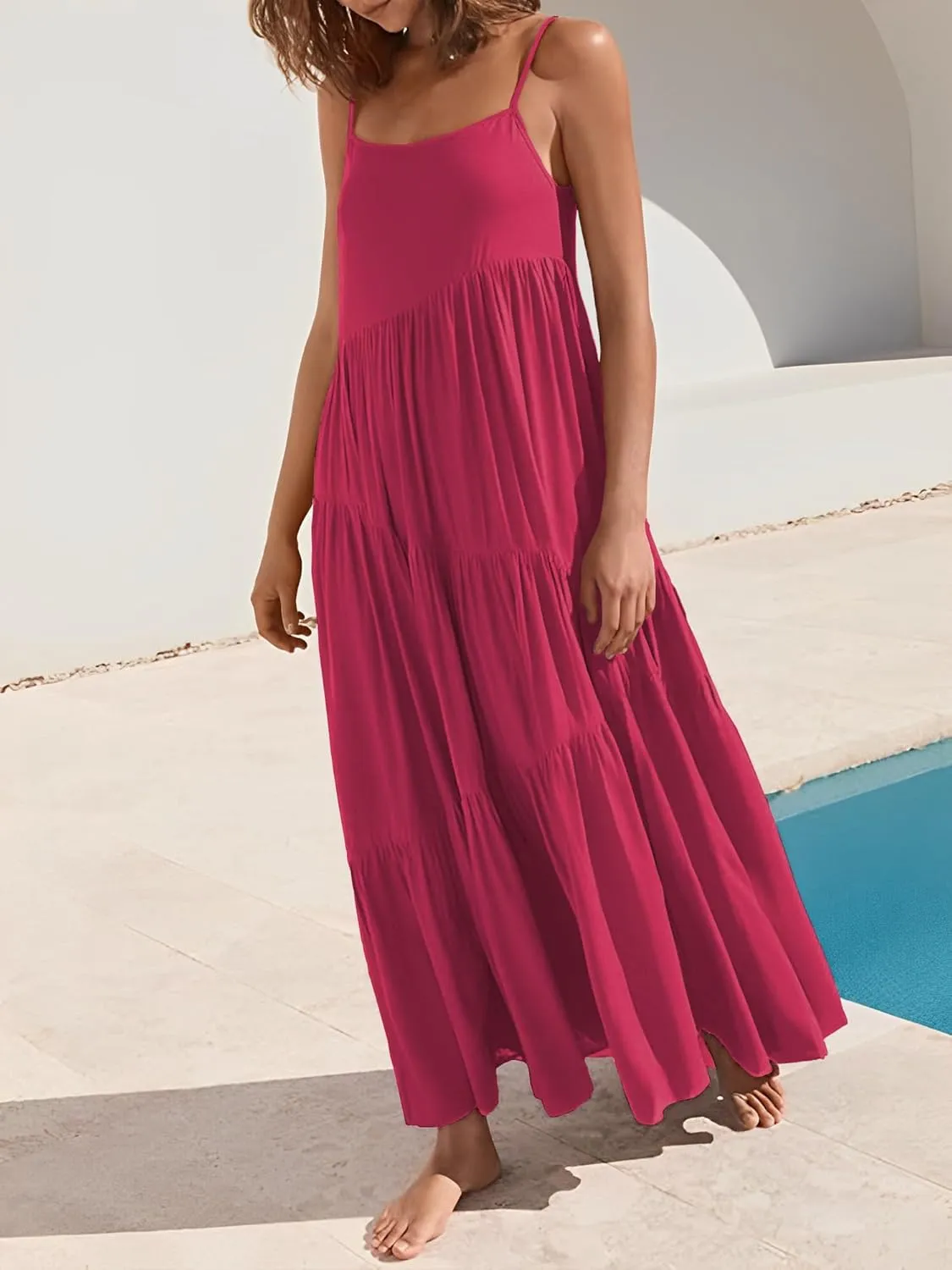 Womens Summer Dresses Loose Sleeveless Spaghetti Strap Asymmetric Tiered Maxi Dress