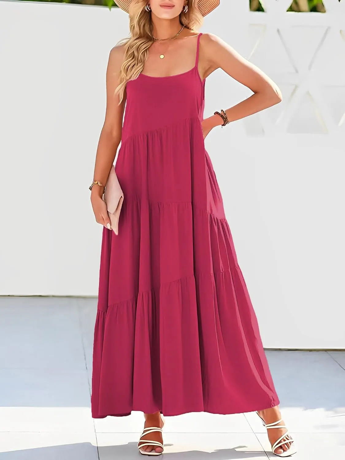 Womens Summer Dresses Loose Sleeveless Spaghetti Strap Asymmetric Tiered Maxi Dress