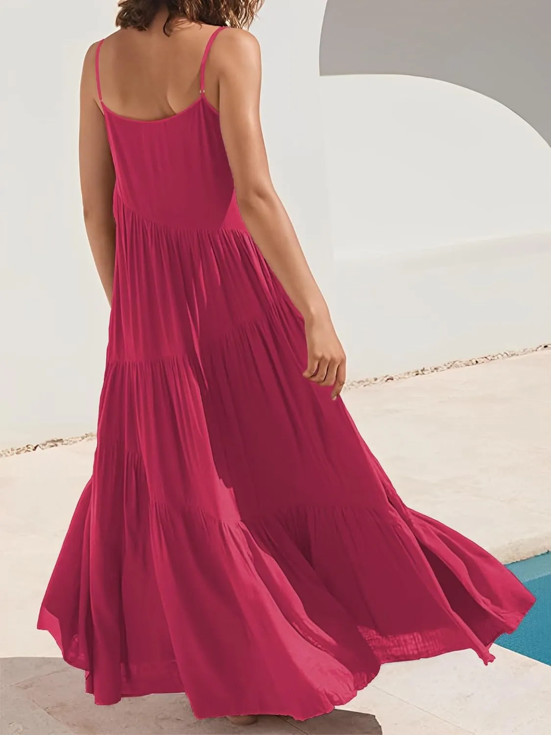 Womens Summer Dresses Loose Sleeveless Spaghetti Strap Asymmetric Tiered Maxi Dress
