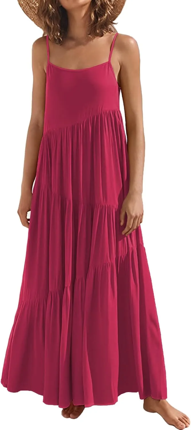 Womens Summer Dresses Loose Sleeveless Spaghetti Strap Asymmetric Tiered Maxi Dress