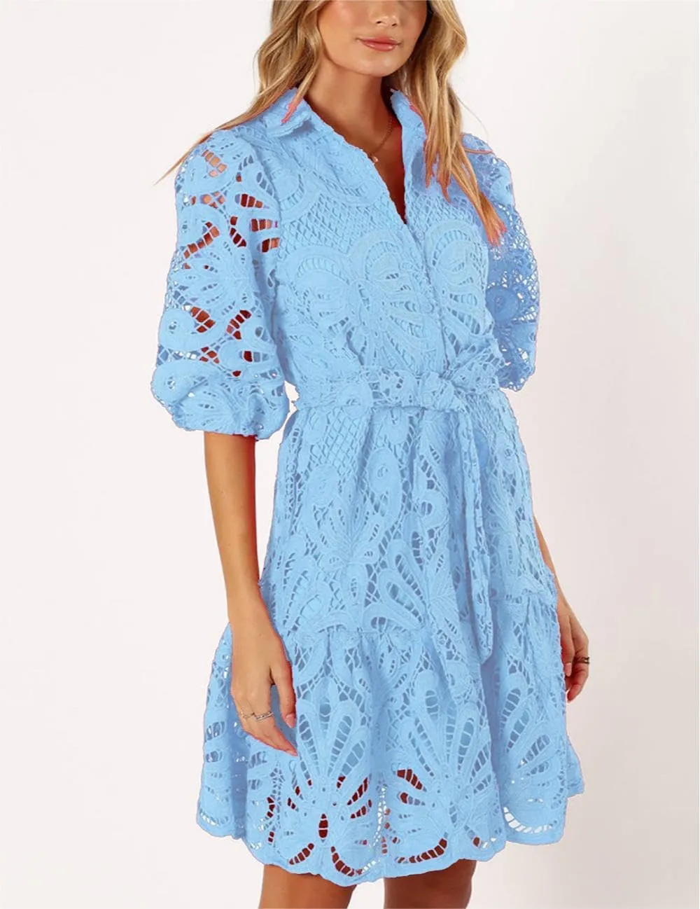 Women's Summer Hollow Out Lace Mini Dress Lantern Sleeve Lapel Button Ruffle Casual Beach Party Dresses